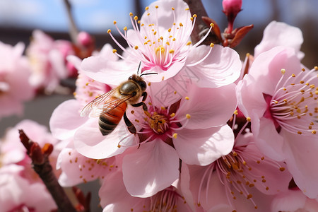 蜜蜂在粉色花朵上背景图片
