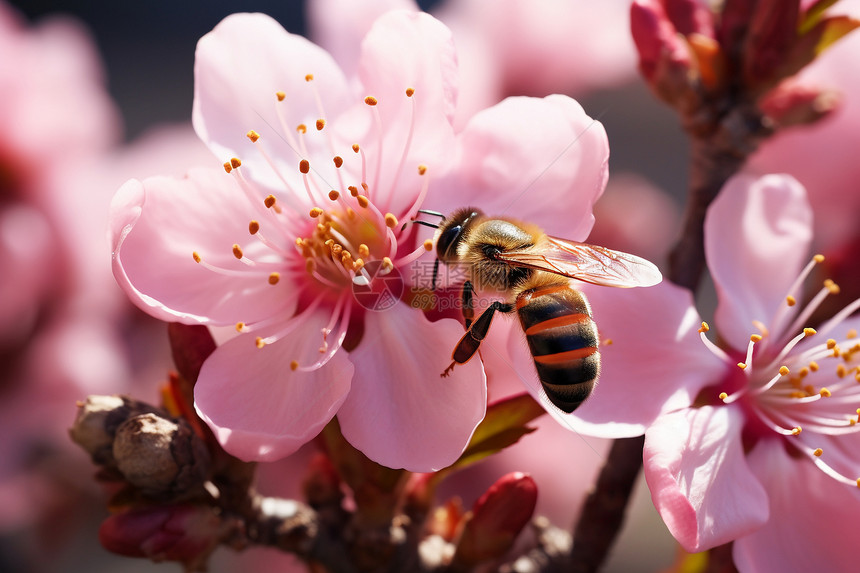 蜜蜂在粉色花朵上图片