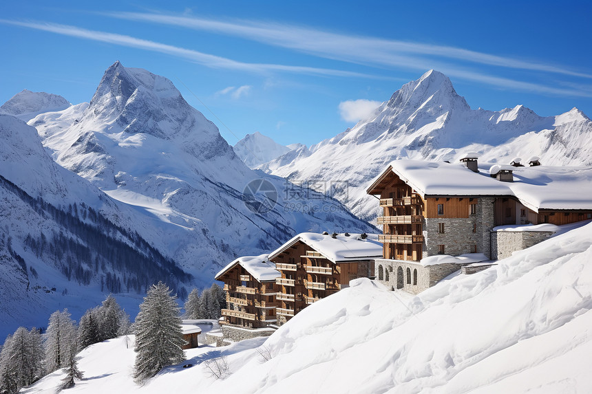 冬日小屋与白雪山景图片