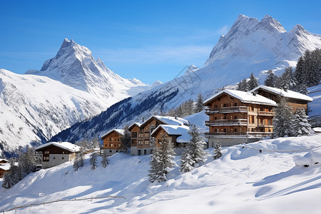 雪山上的村庄背景图片
