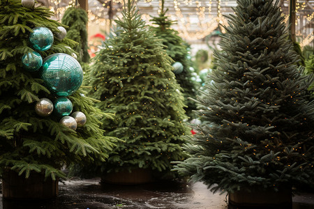 圣诞商店里的松树背景图片
