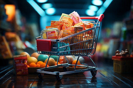 零食蜜饯满载诱人零食的购物车设计图片