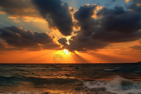 夕阳下的海浪海洋背景图片