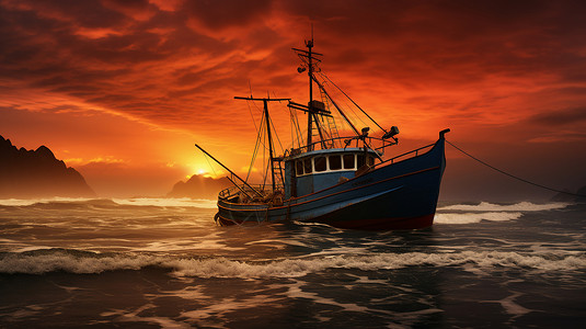夕阳下的行驶船只背景图片