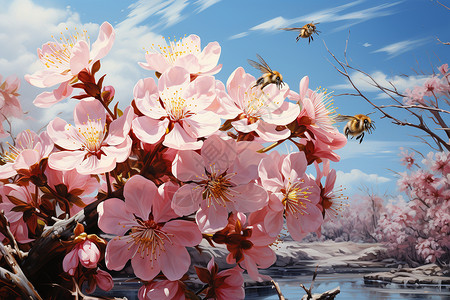 粉色花朵上的蜜蜂背景图片