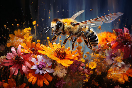 飞行在花朵中的蜜蜂背景图片