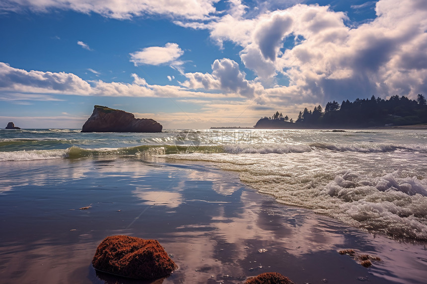 海浪拍岸水中的岩石美丽的海滩图片