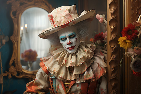 邪恶的怪异小丑对镜化妆背景