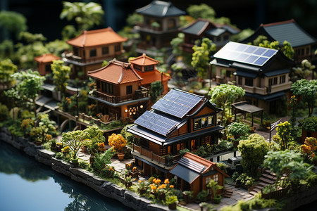 屋顶景观安装有太阳能板的微观建筑插画