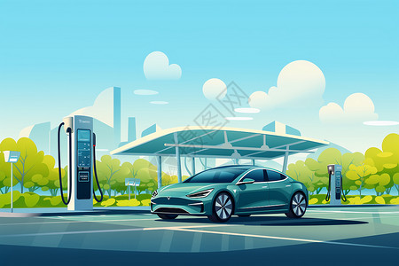 燃料车太阳能电动车充电站插画
