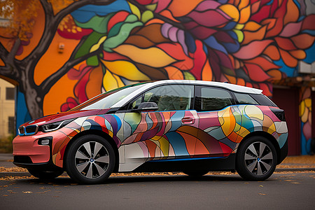 汽车彩绘彩绘背景墙下的炫彩汽车背景