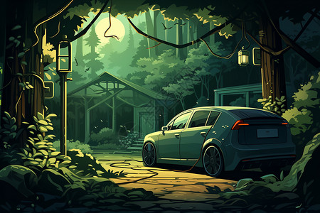 停放在树林中的汽车背景图片
