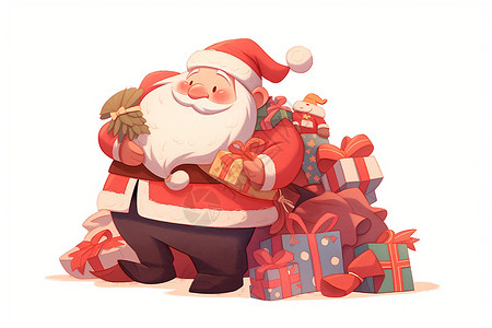 欢乐圣诞老人可爱圣诞老人带着满满一袋礼物插画