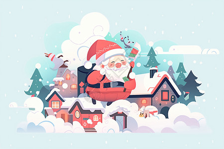 圣诞老人村圣诞老人驾着雪橇送惊喜插画