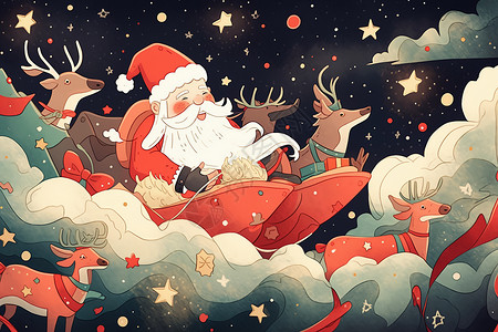 圣诞老人和驯鹿在星空下飞行的可爱二维艺术作品背景图片