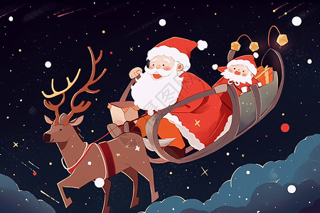 圣诞老人和雪橇圣诞老人和他的驯鹿穿梭在夜空中插画