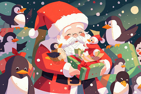 圣诞老人与可爱企鹅们背景图片