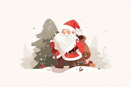 圣诞老人走在雪地里拿着一个礼物袋插画