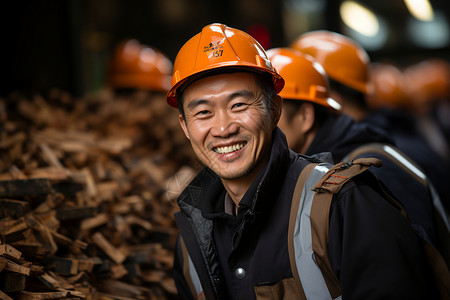 木屑堆前戴着安全帽的工人背景图片
