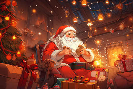 圣诞老人在椅子上坐着整理礼物背景图片
