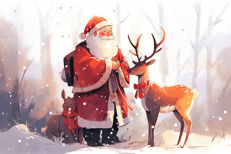 圣诞老人和他的驯鹿在雪地中背景图片