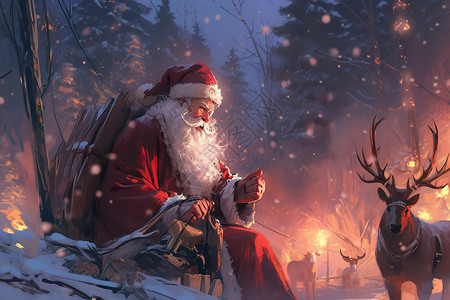 圣诞老人与驯鹿相伴在森林的雪中背景图片