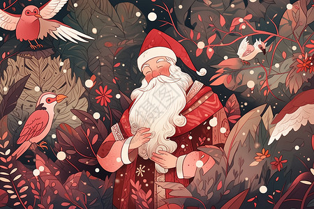 圣诞幻想圣诞老人在神奇的森林中插画
