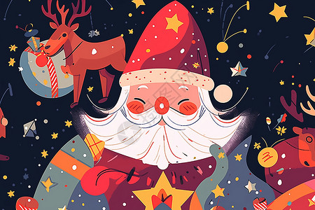 圣诞老人与驯鹿经典卡通风格背景图片