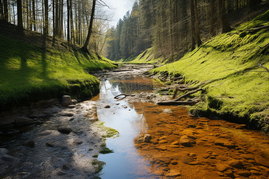 翠绿森林中清澈溪流图片