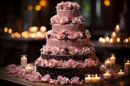 粉色蛋糕浸泡在烛光中背景图片