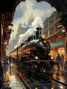 烟雾城市火车站里的火车插画
