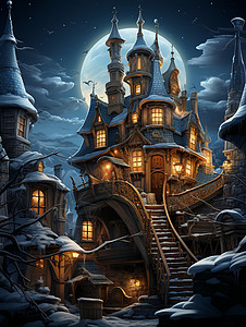 月下古堡背景图片