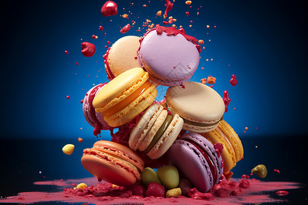 色彩飞溅的马卡龙甜品背景图片