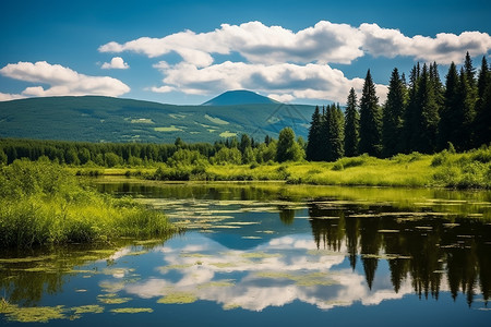 夏季山川湖泊的美丽景观背景图片