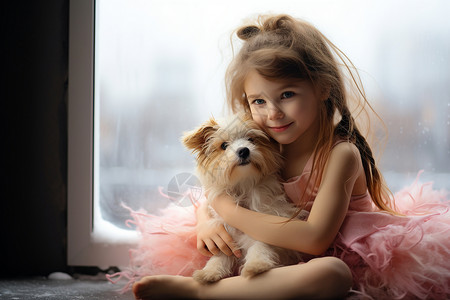 和宠物友好相处的小女孩背景图片