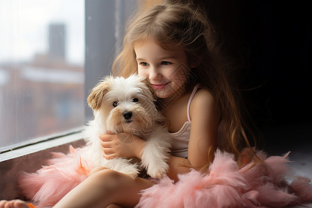 抱着宠物小狗的小女孩背景图片