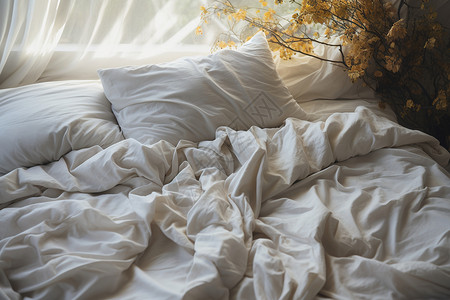 晨起自然舒适的卧室床铺背景图片