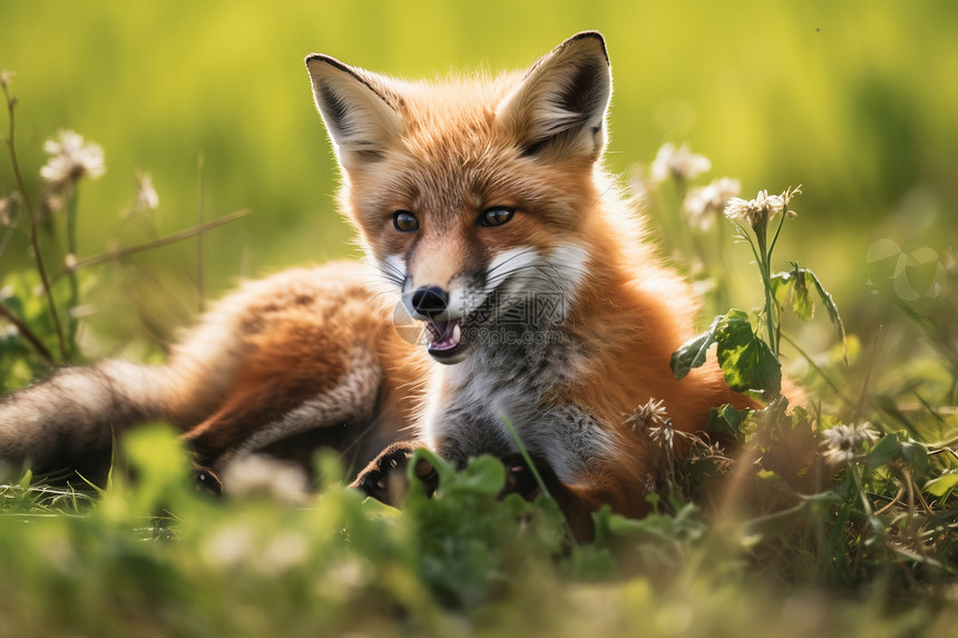 草地休憩中的红狐狸图片
