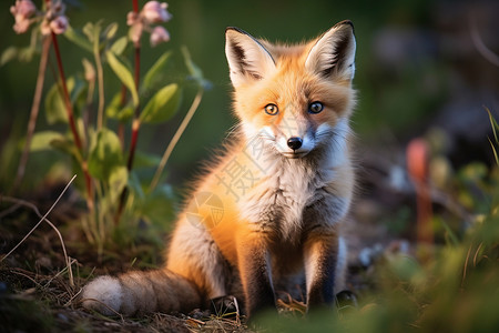 拿花朵狐狸草地上小狐狸与花朵相伴背景