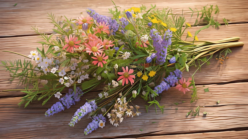 朴素的花束在木质桌面图片