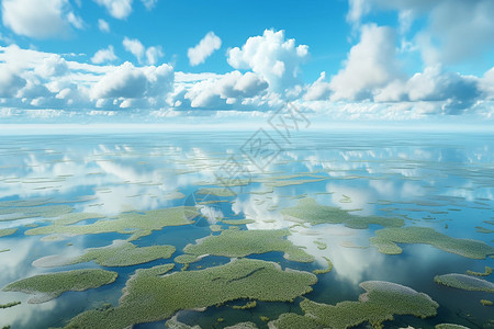 湿地湖泊缥缈天空下的湿地插画