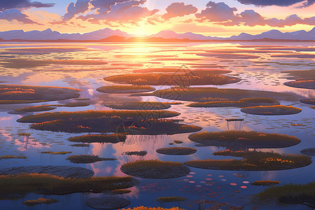 落日余晖下湿地背景图片