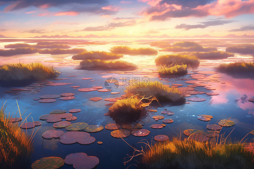 日落时分湿地的壮丽风景图片