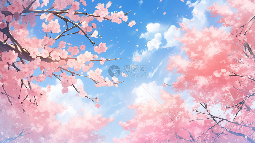 蓝天下的樱花绽放图片