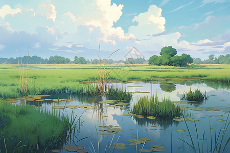 湿地植物宁静的池塘风景插画