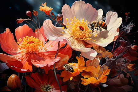 蜜蜂采集花蜜的近景背景图片