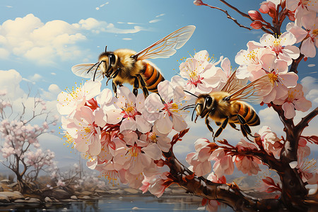 蜜蜂翩翩起舞的细腻之翼风景画背景图片