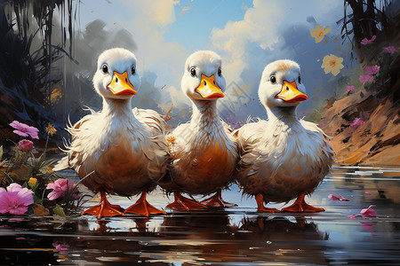 池塘边的三只鸭子背景图片