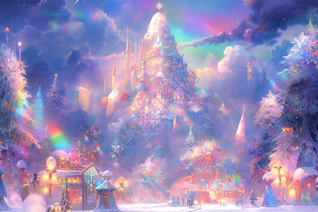 森林彩虹彩虹童话中的雪村之旅插画