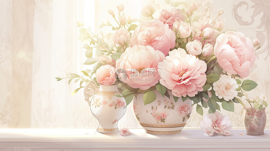 温馨夺目的粉色花朵花瓶图片